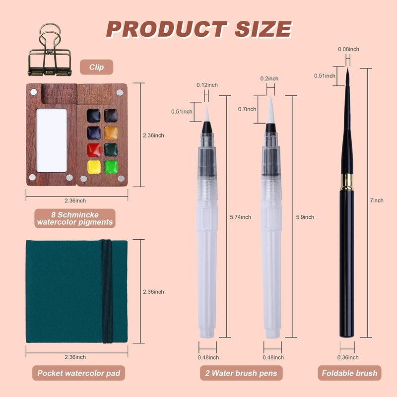 XWT Mini Watercolor Paint Set, Portable Travel Art Kit with Wooden Palette, 8 Color Pigments, Watercolor Pad, Water Brush Pens and Accessories for Artists - Image 5